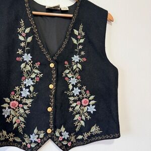 Tantrums Vintage Black 90s Wool Blend Embroidered Floral Vest Small